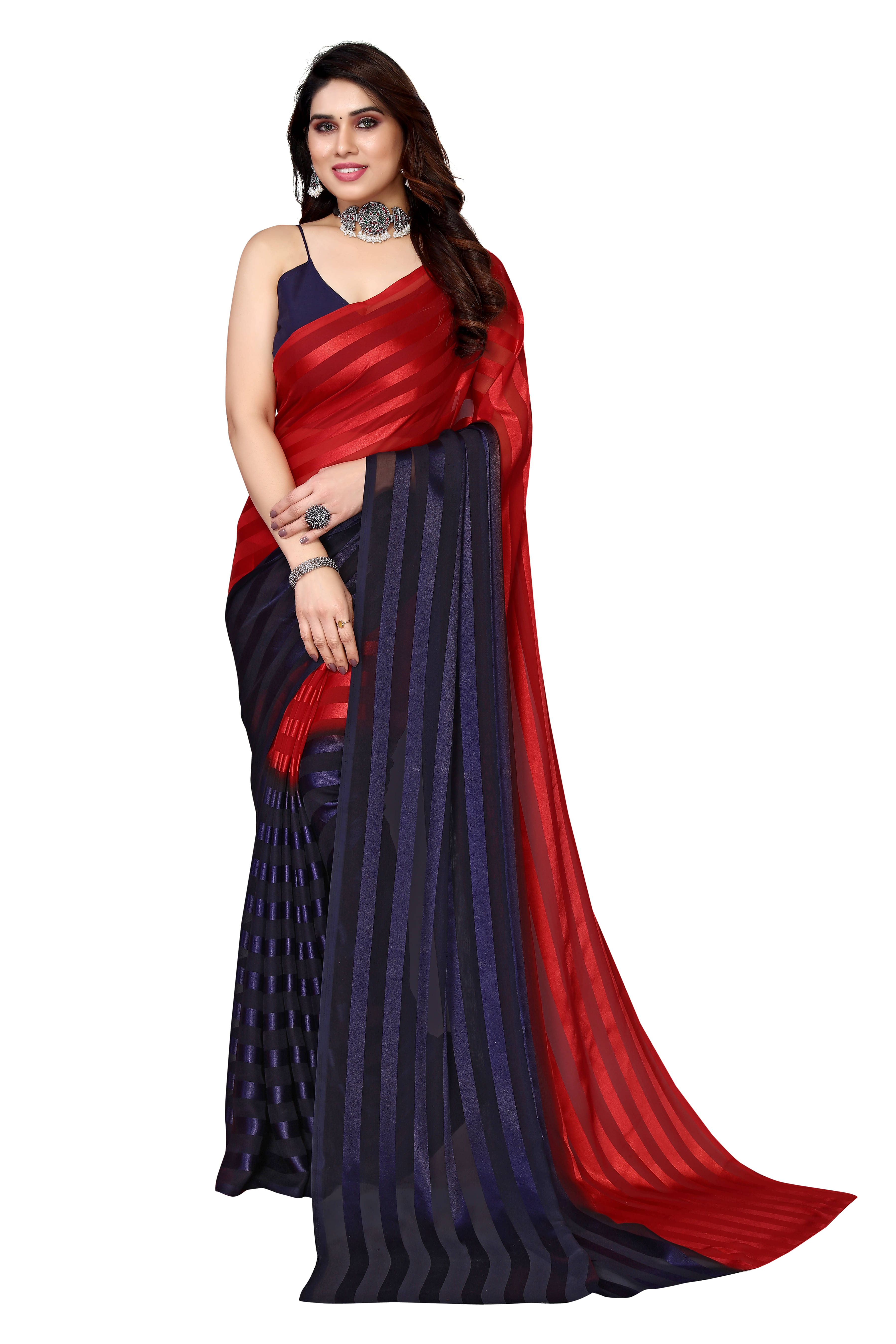 ANAND SAREES Satin Striped Ilkal Saree With Unstitched Blouse Piece ( Red ) ANAND SAREES Satin Striped Ilkal Saree With Unstitched Blouse Piece ( Red )