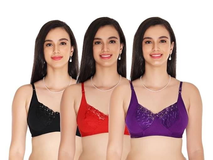     			Ishant Pack of 3 Net Non Padded Everyday Bra For Women ( Black,Red,Purple )