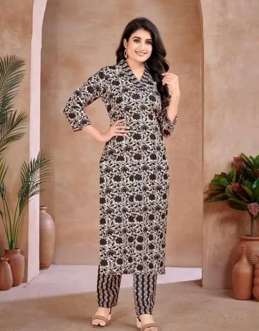 Jivandhara Women Cotton Blend Printed A-line Kurti With Pants ( Coffee ) Jivandhara Women Cotton Blend Printed A-line Kurti With Pants ( Coffee )