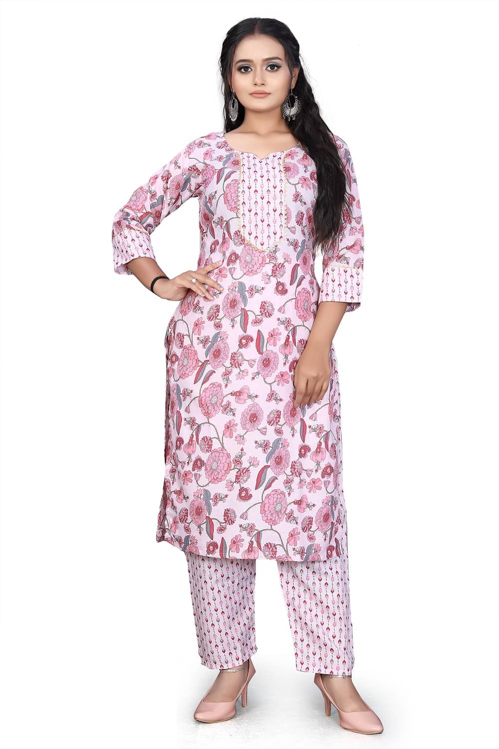 Jivandhara Women Rayon Printed A-line Kurti With Pants ( Pink ) Jivandhara Women Rayon Printed A-line Kurti With Pants ( Pink )