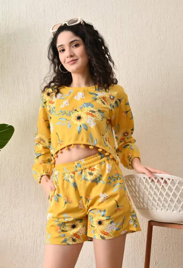     			Jyoti Traders Women Printed Top With Shorts Co-Ord Set ( Yellow )
