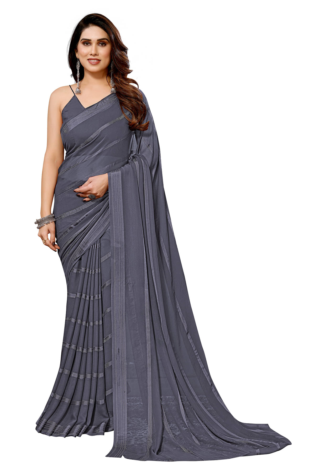 Kashvi Sarees Satin Striped Ilkal Saree With Unstitched Blouse Piece ( Grey ) Kashvi Sarees Satin Striped Ilkal Saree With Unstitched Blouse Piece ( Grey )