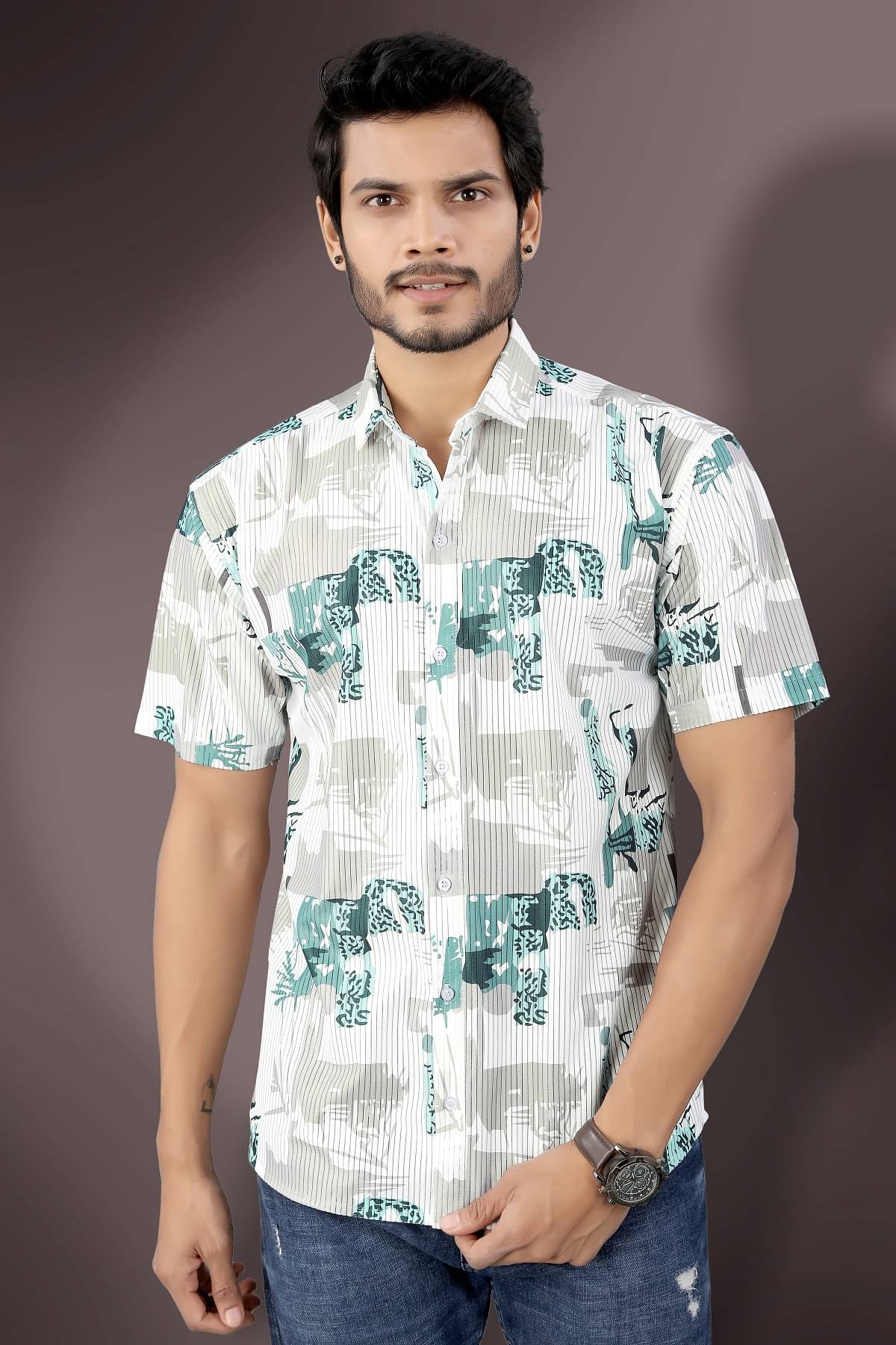 MARMIC FAB Cotton Blend Regular Fit Printed Half Sleeves Men's Casual Shirt - Green ( Pack of 1 )     			MARMIC FAB Cotton Blend Regular Fit Printed Half Sleeves Men's Casual Shirt - Green ( Pack of 1 )