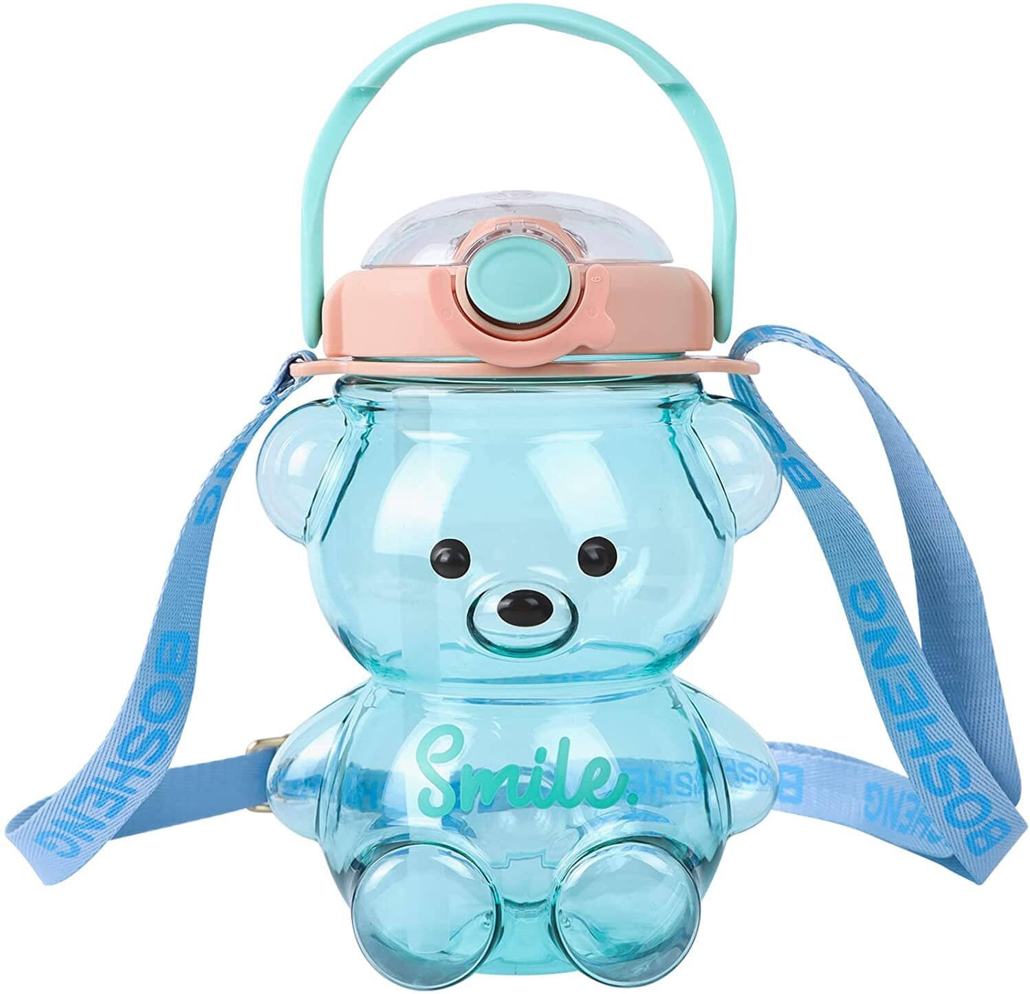     			MINDFIT Teddy Bear Design Plastic Water Bottle with Straw & Strap for Kids Birthday Gift 1000 ml Water Bottle (Set of 1, Blue)