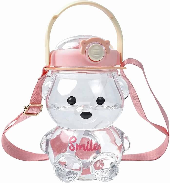     			MINDFIT Teddy Bear Design Plastic Water Bottle with Straw & Strap for Kids Birthday Gift 1000 ml Water Bottle (Set of 1, Multicolor)