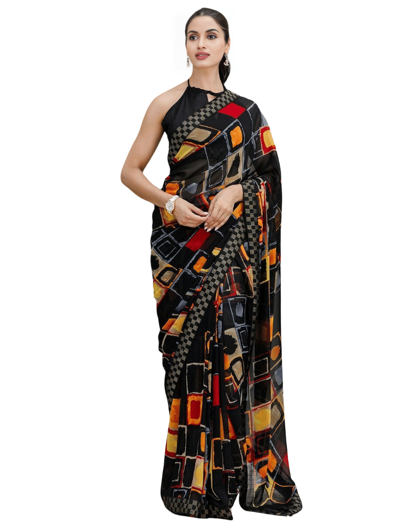 Nandini Creation Chiffon Colorblock Saree With Unstitched Blouse Piece ( Black ) Nandini Creation Chiffon Colorblock Saree With Unstitched Blouse Piece ( Black )