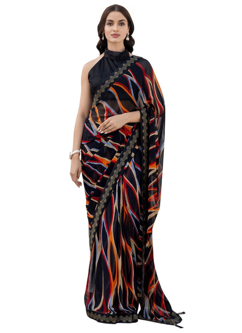 Nandini Creation Chiffon Printed Saree With Unstitched Blouse Piece ( Black ) Nandini Creation Chiffon Printed Saree With Unstitched Blouse Piece ( Black )