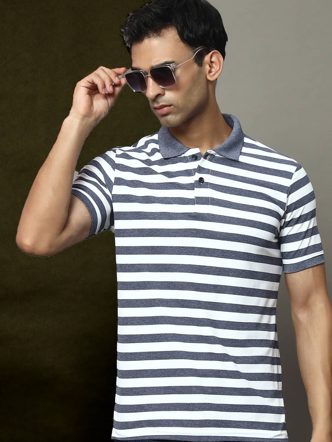 OAKWYN Men Cotton Blend Regular Fit Striped Polo T Shirt ( Navy )     			OAKWYN Men Cotton Blend Regular Fit Striped Polo T Shirt ( Navy )