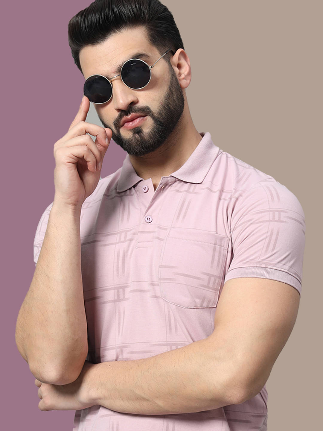     			OAKWYN Men Cotton Blend Regular Fit Printed Polo T Shirt ( Purple )