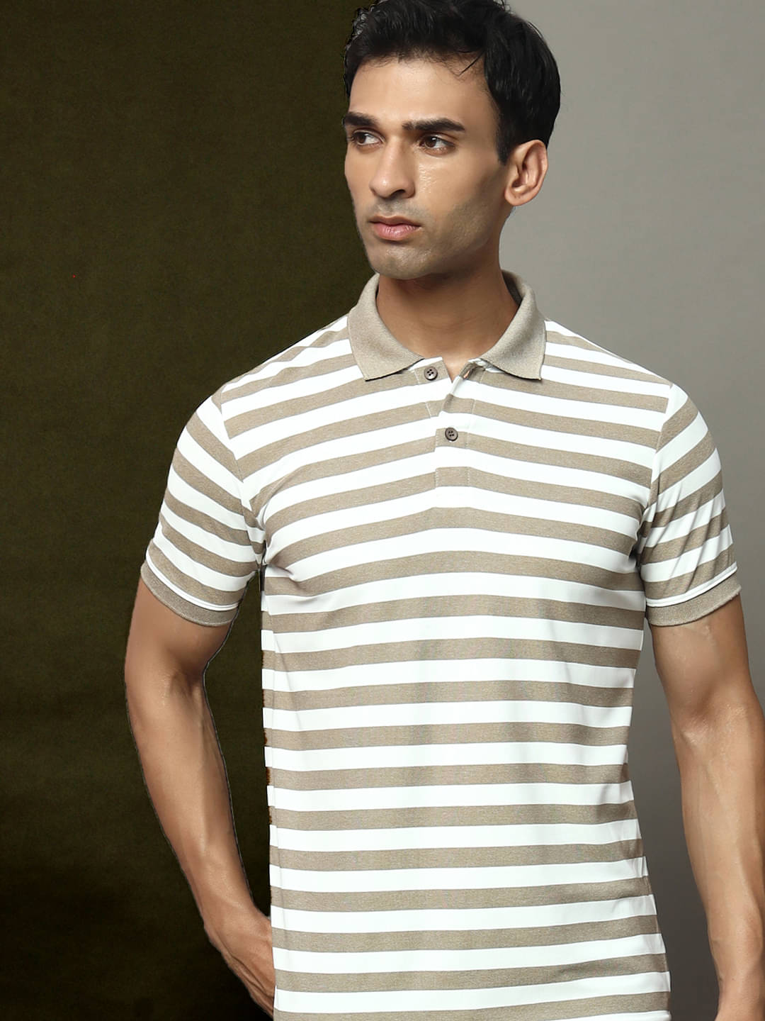 OAKWYN Men Cotton Blend Regular Fit Striped Polo T Shirt ( Beige ) OAKWYN Men Cotton Blend Regular Fit Striped Polo T Shirt ( Beige )