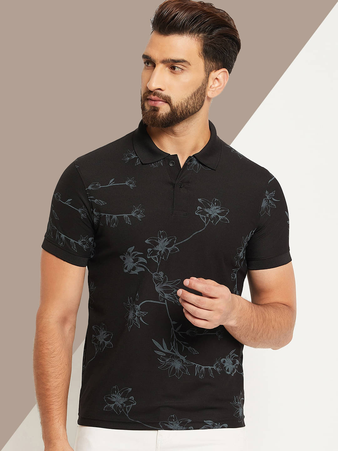     			OAKWYN Men Cotton Blend Regular Fit Printed Polo T Shirt ( Black )