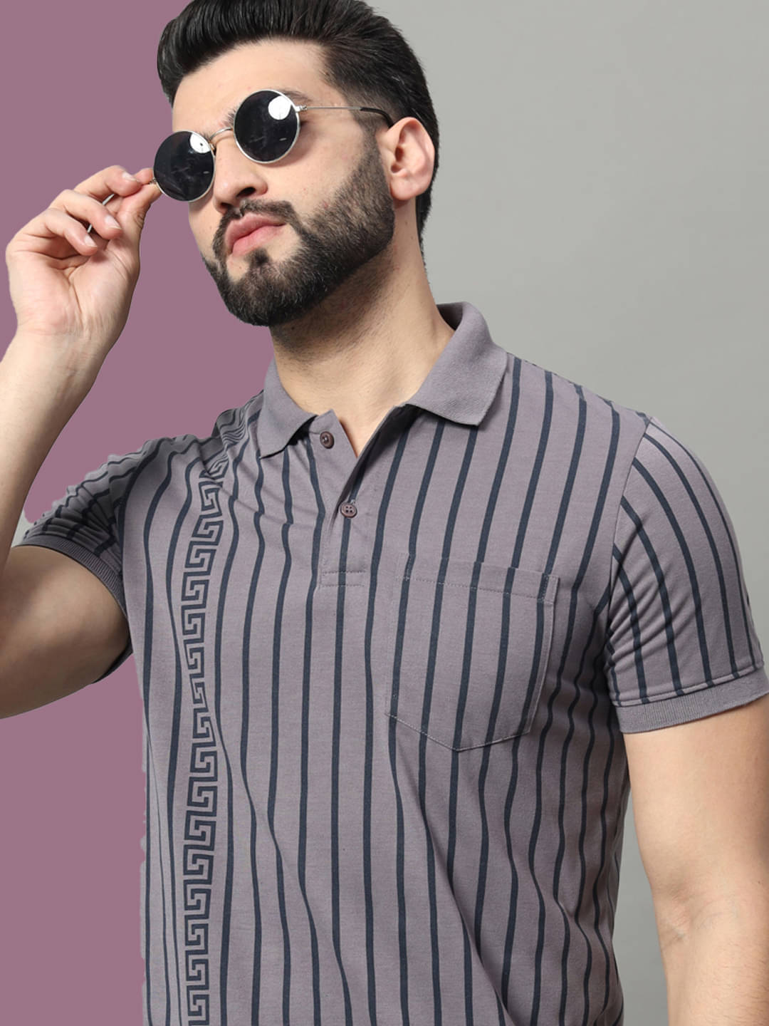 OAKWYN Men Cotton Blend Regular Fit Striped Polo T Shirt ( Lavender )     			OAKWYN Men Cotton Blend Regular Fit Striped Polo T Shirt ( Lavender )