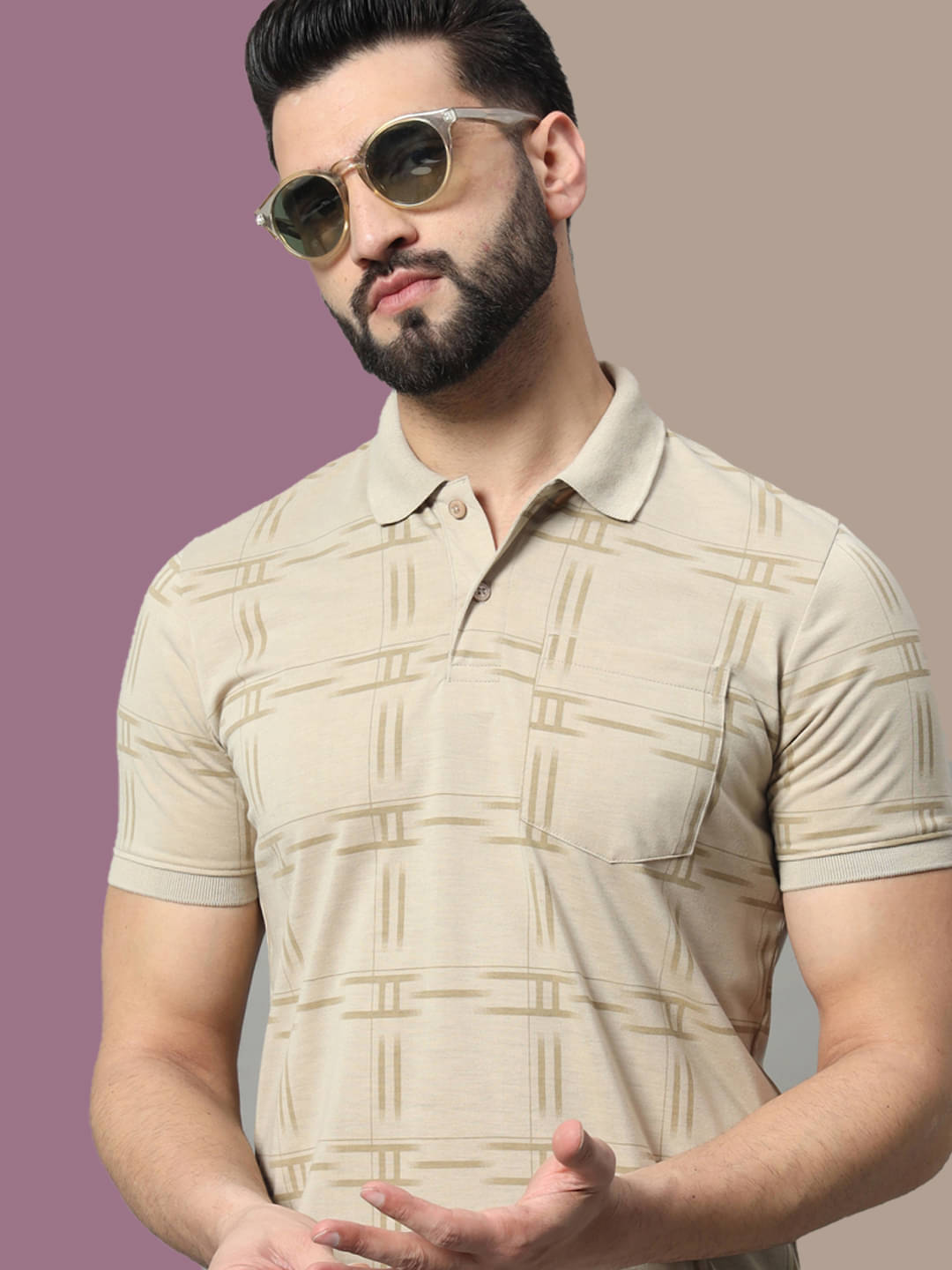 OAKWYN Men Cotton Blend Regular Fit Printed Polo T Shirt ( Beige ) OAKWYN Men Cotton Blend Regular Fit Printed Polo T Shirt ( Beige )