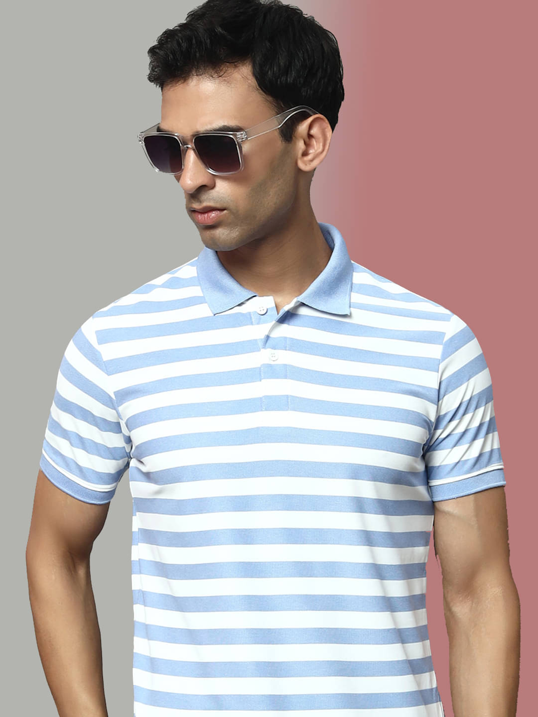 OAKWYN Men Cotton Blend Regular Fit Striped Polo T Shirt ( Aqua )     			OAKWYN Men Cotton Blend Regular Fit Striped Polo T Shirt ( Aqua )