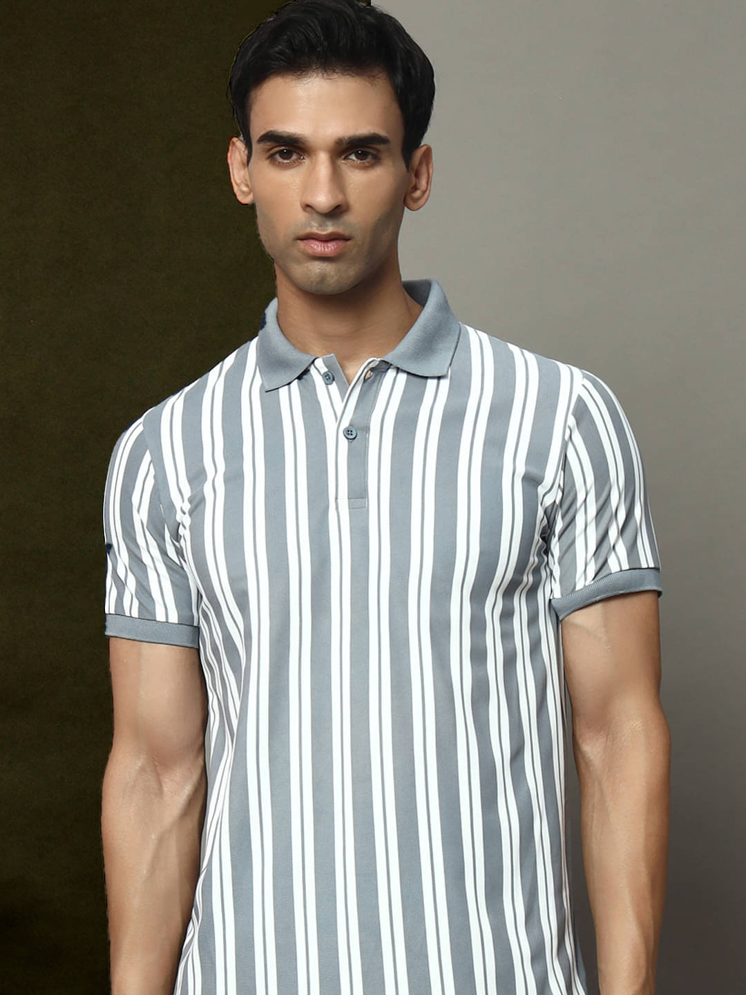 OAKWYN Men Cotton Blend Regular Fit Striped Polo T Shirt ( Grey ) OAKWYN Men Cotton Blend Regular Fit Striped Polo T Shirt ( Grey )