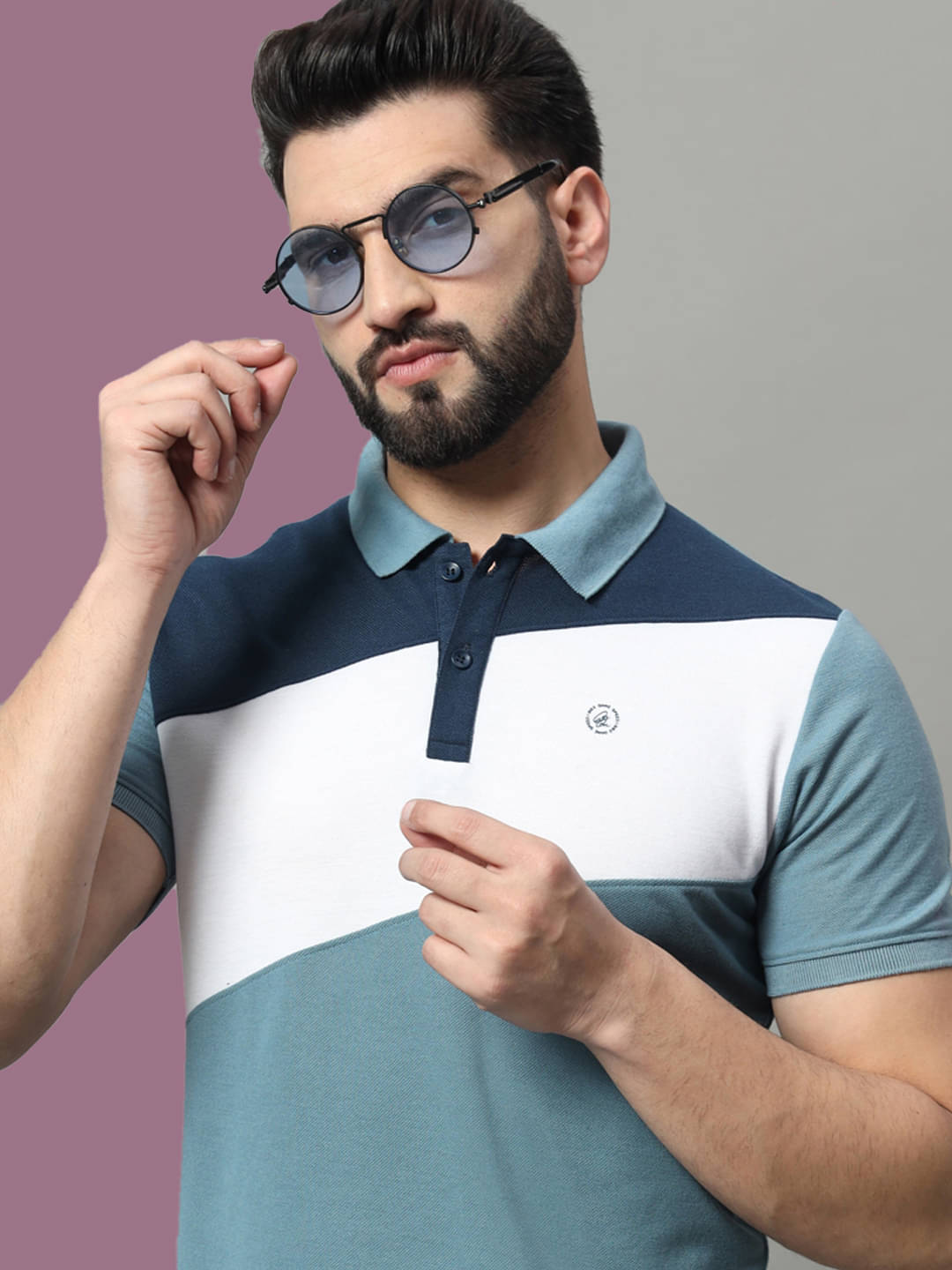     			OAKWYN Men Cotton Blend Regular Fit Colorblock Polo T Shirt ( Blue )