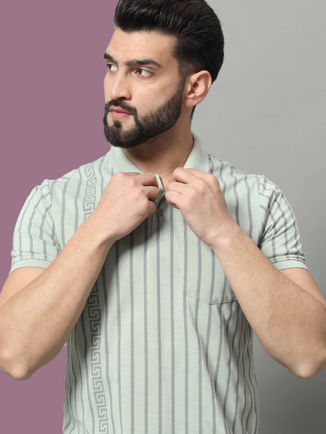 OAKWYN Men Cotton Blend Regular Fit Striped Polo T Shirt ( Light Grey ) OAKWYN Men Cotton Blend Regular Fit Striped Polo T Shirt ( Light Grey )