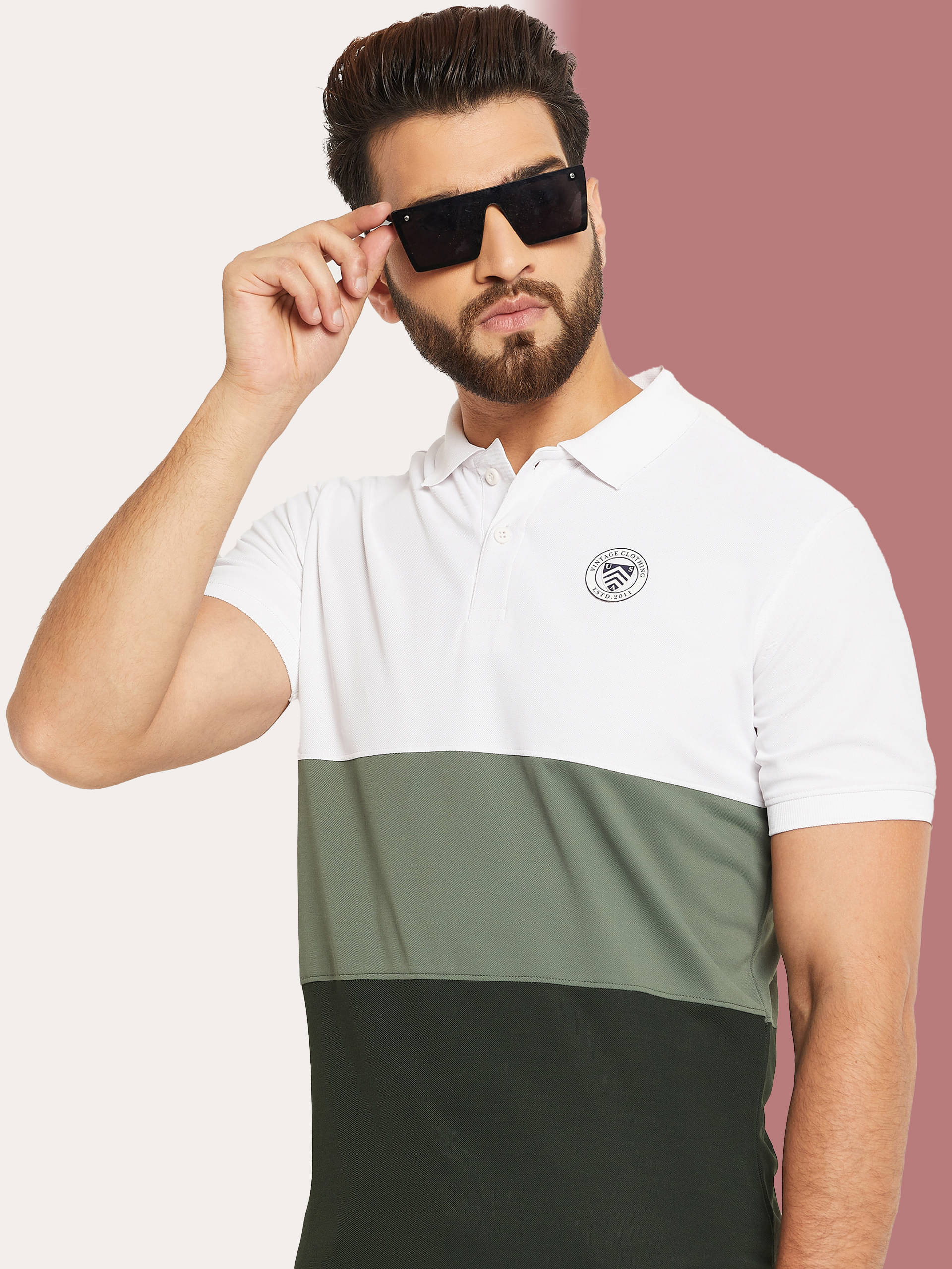     			OAKWYN Men Cotton Blend Regular Fit Colorblock Polo T Shirt ( Dark Green )