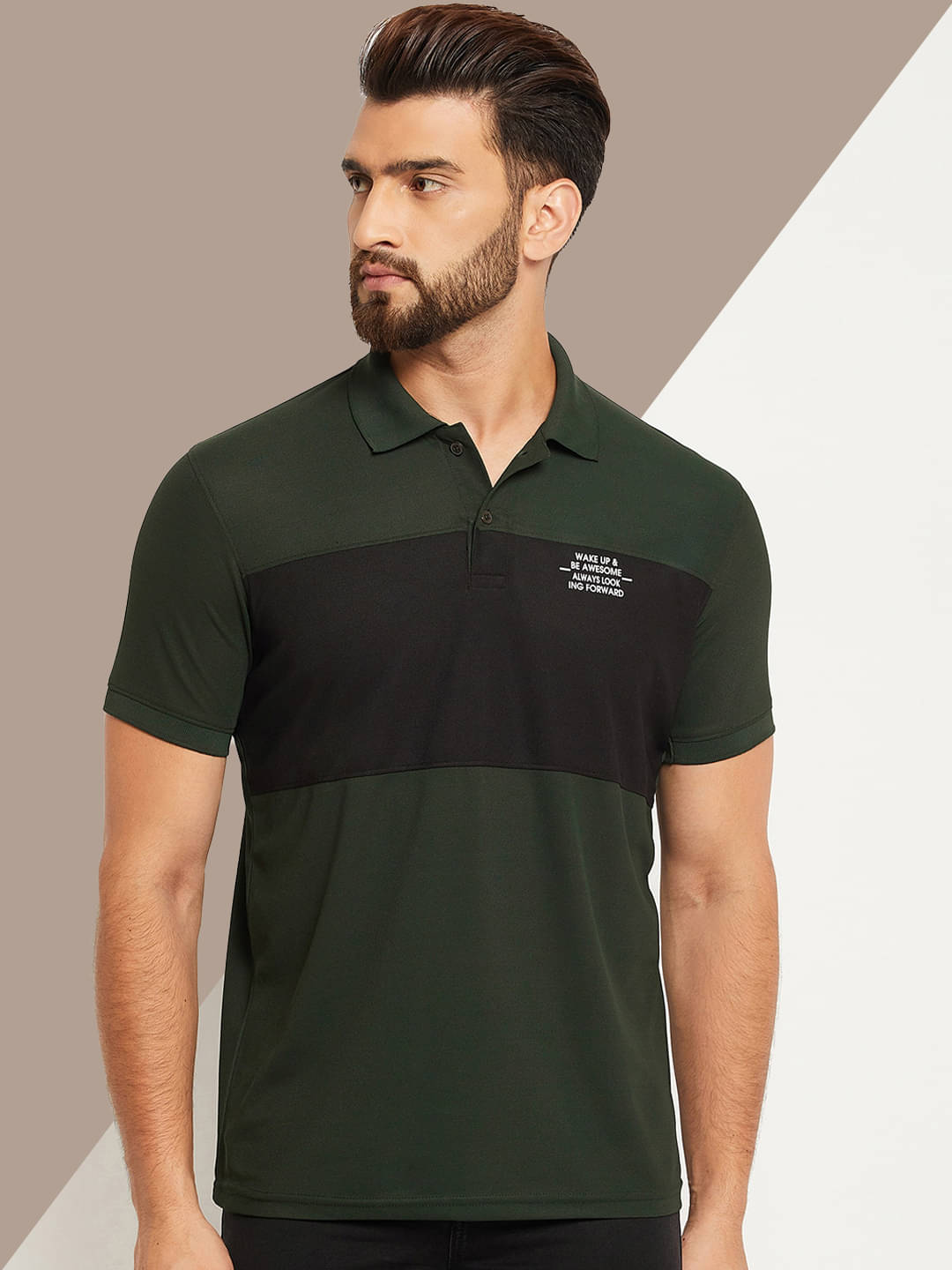     			OAKWYN Men Cotton Blend Regular Fit Colorblock Polo T Shirt ( Dark Green )