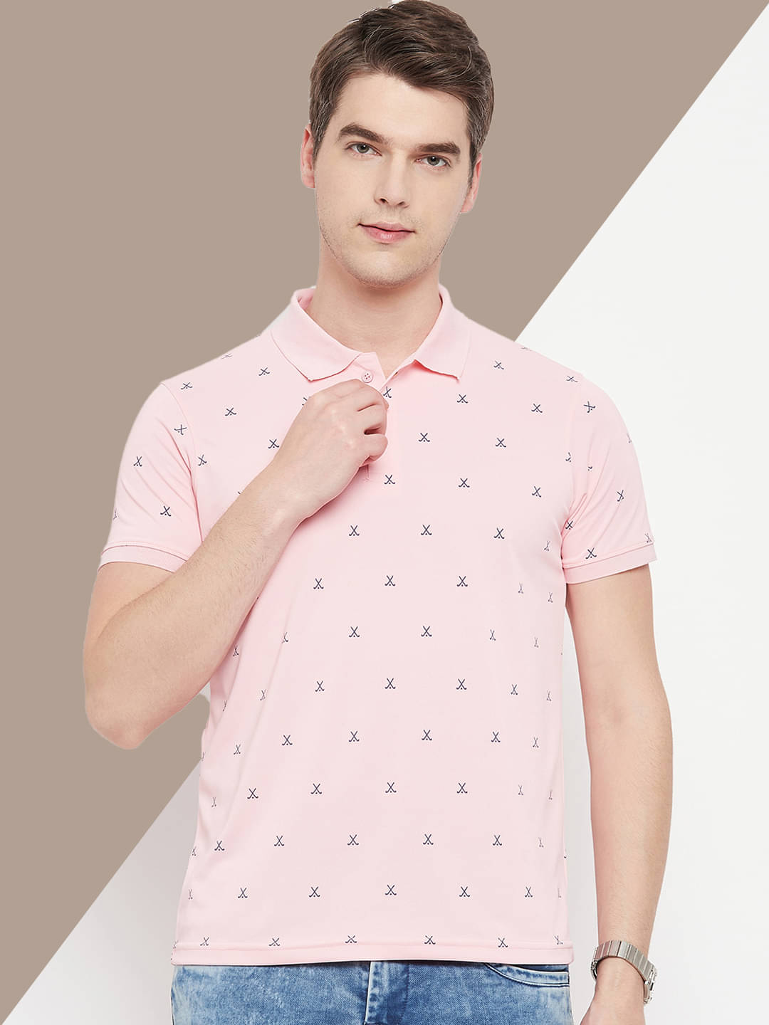     			OAKWYN Men Cotton Blend Regular Fit Printed Polo T Shirt ( Pink )