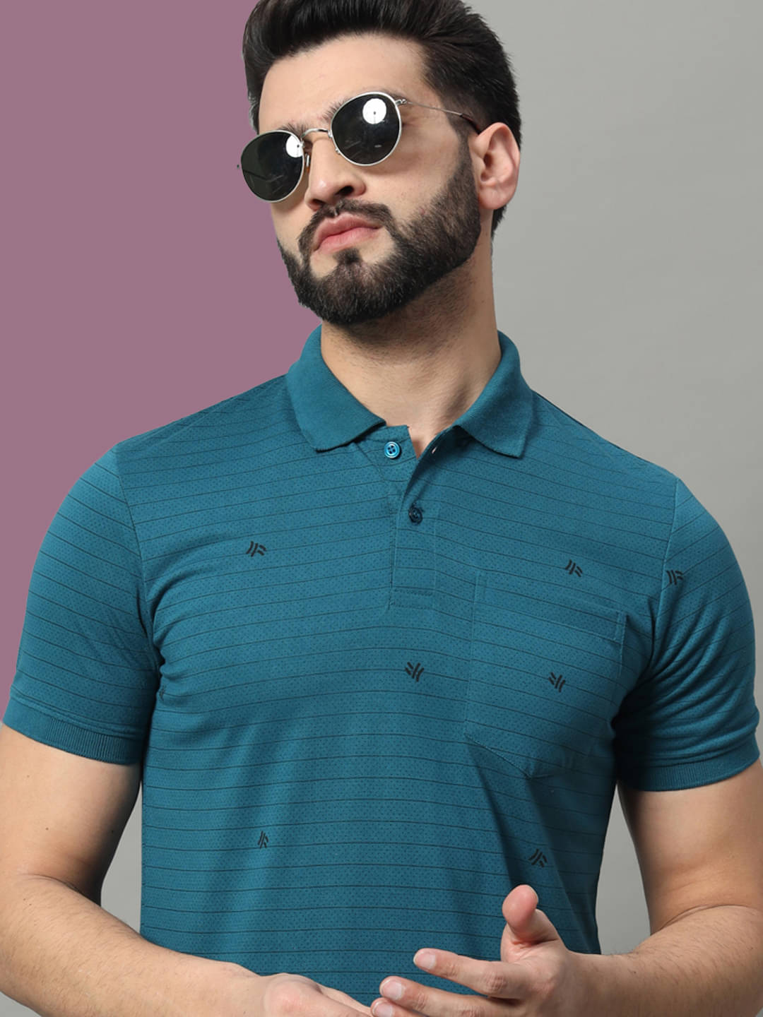 OAKWYN Men Cotton Blend Regular Fit Striped Polo T Shirt ( Teal Blue )     			OAKWYN Men Cotton Blend Regular Fit Striped Polo T Shirt ( Teal Blue )