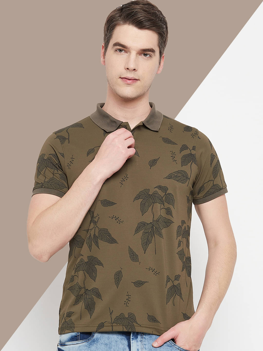     			OAKWYN Men Cotton Blend Regular Fit Printed Polo T Shirt ( Olive )