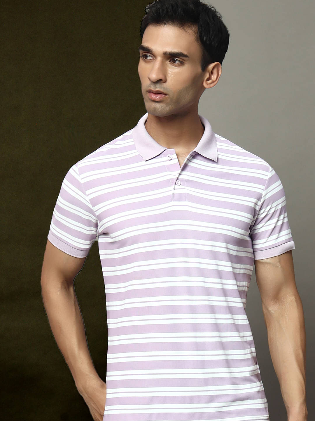     			OAKWYN Men Cotton Blend Regular Fit Striped Polo T Shirt ( Lavender )
