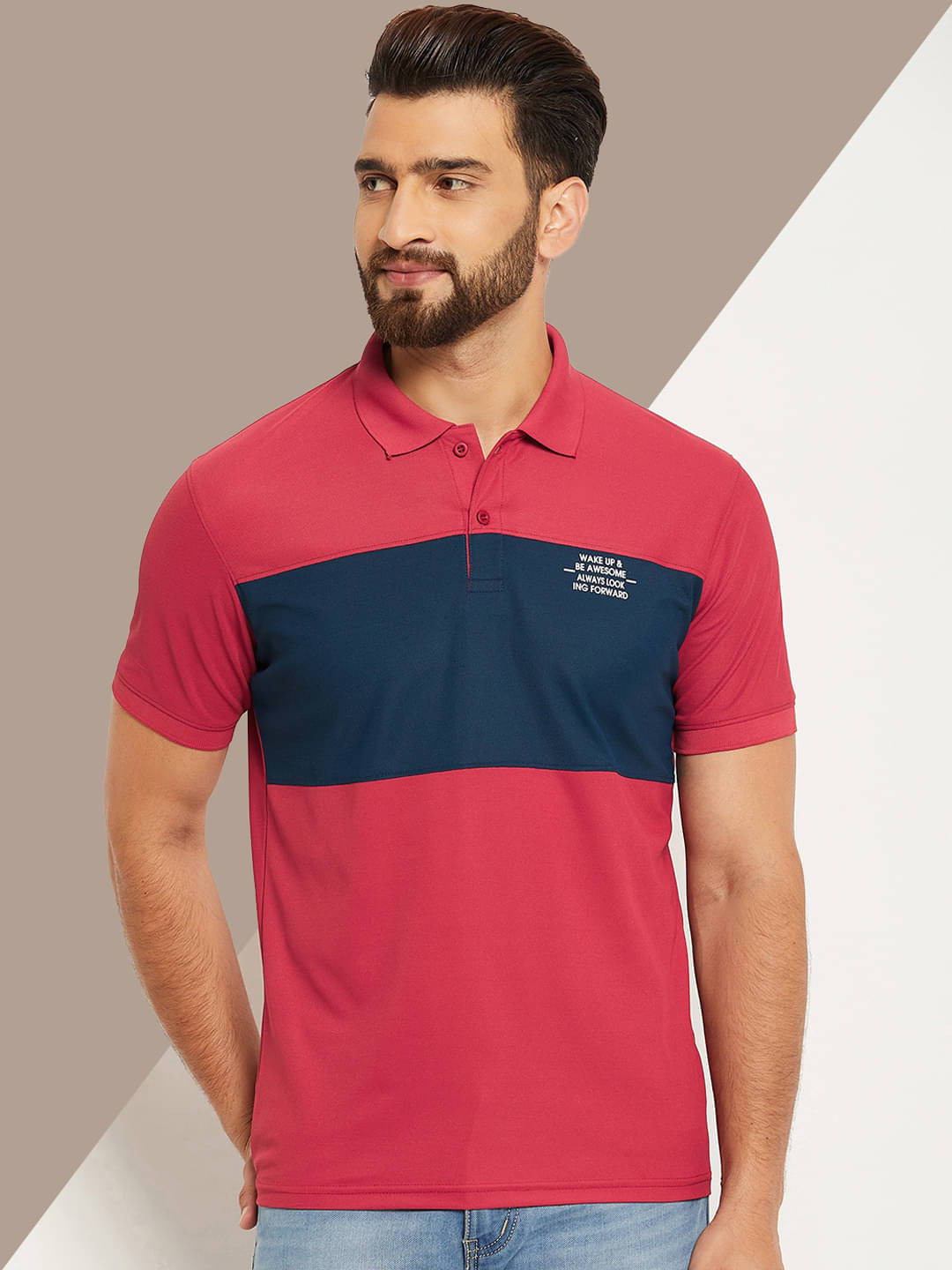     			OAKWYN Men Cotton Blend Regular Fit Colorblock Polo T Shirt ( Maroon )