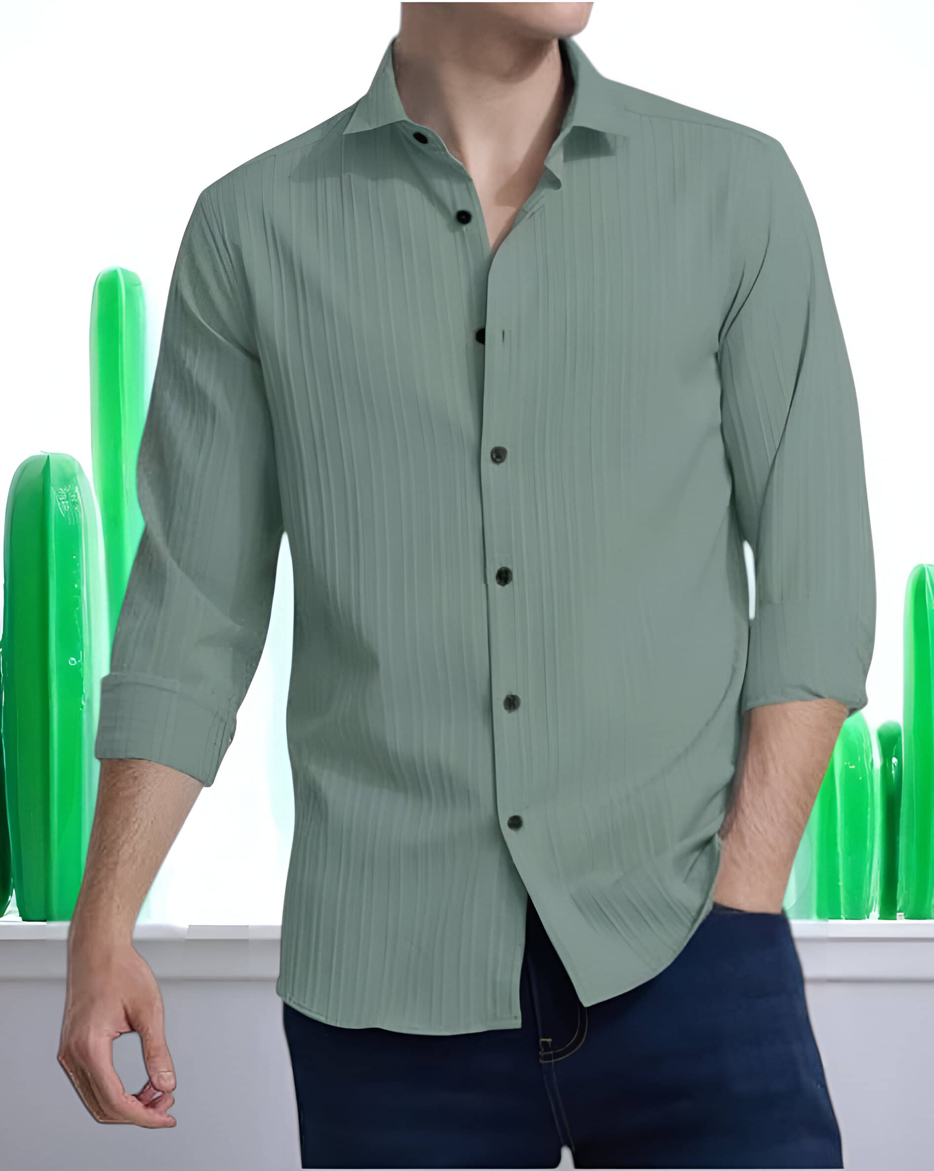     			OQUENT Poly Cotton Regular Fit Self Design Full Sleeves Men's Casual Shirt - Sea Green ( Pack of 1 )