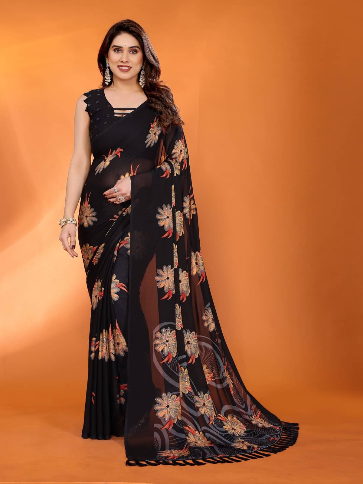     			PHORIA STYLE Crepe Printed Pashmina Saree With Unstitched Blouse Piece ( Black )