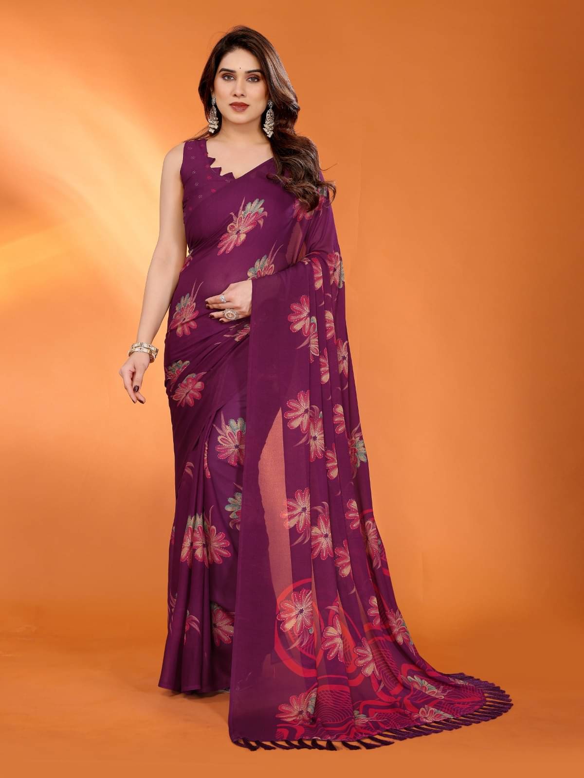 PHORIA STYLE Crepe Printed Pashmina Saree With Unstitched Blouse Piece ( Purple ) PHORIA STYLE Crepe Printed Pashmina Saree With Unstitched Blouse Piece ( Purple )