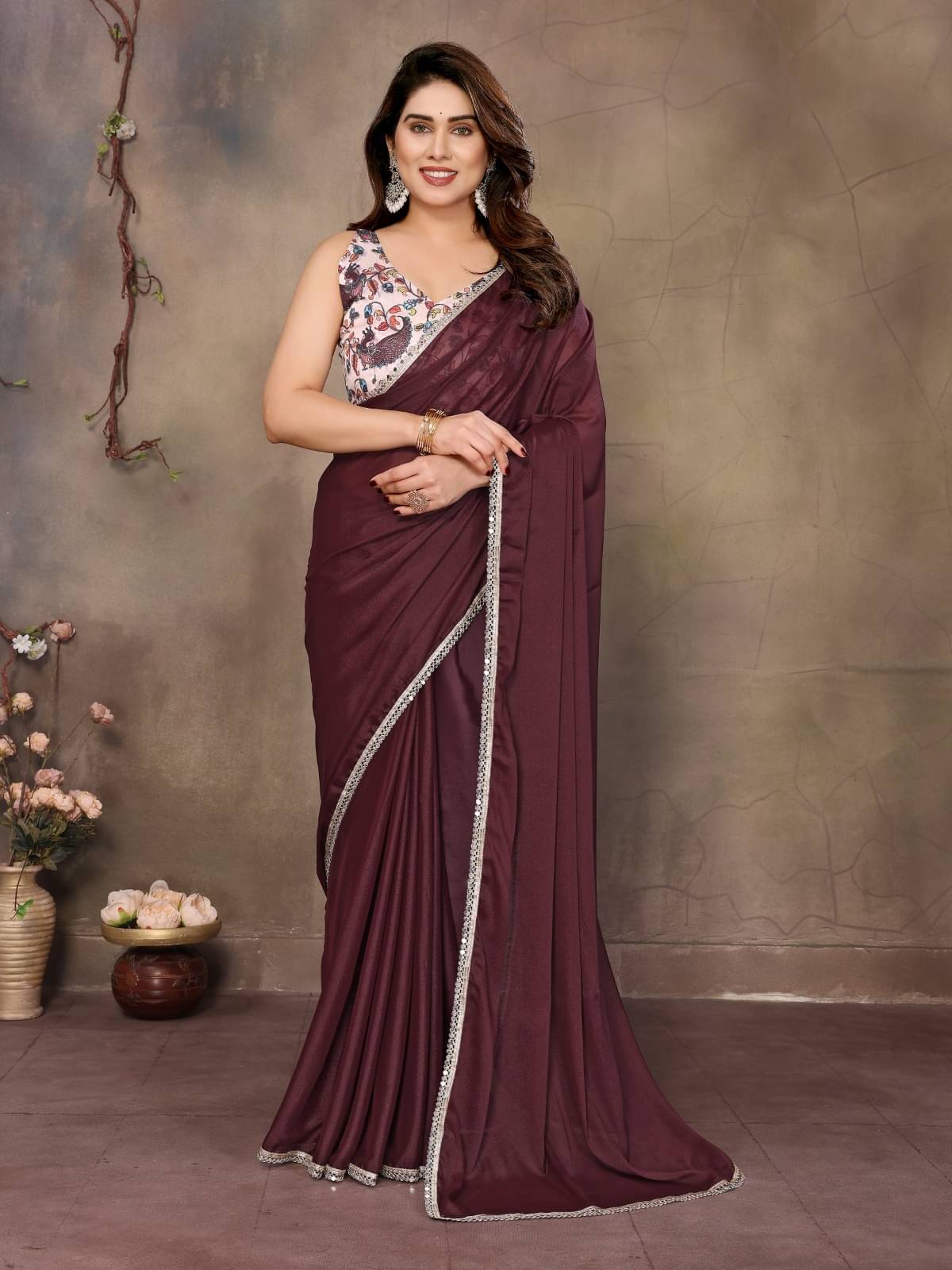 PHORIA STYLE Georgette Solid Maheshwari Saree With Unstitched Blouse Piece ( Burgundy ) PHORIA STYLE Georgette Solid Maheshwari Saree With Unstitched Blouse Piece ( Burgundy )