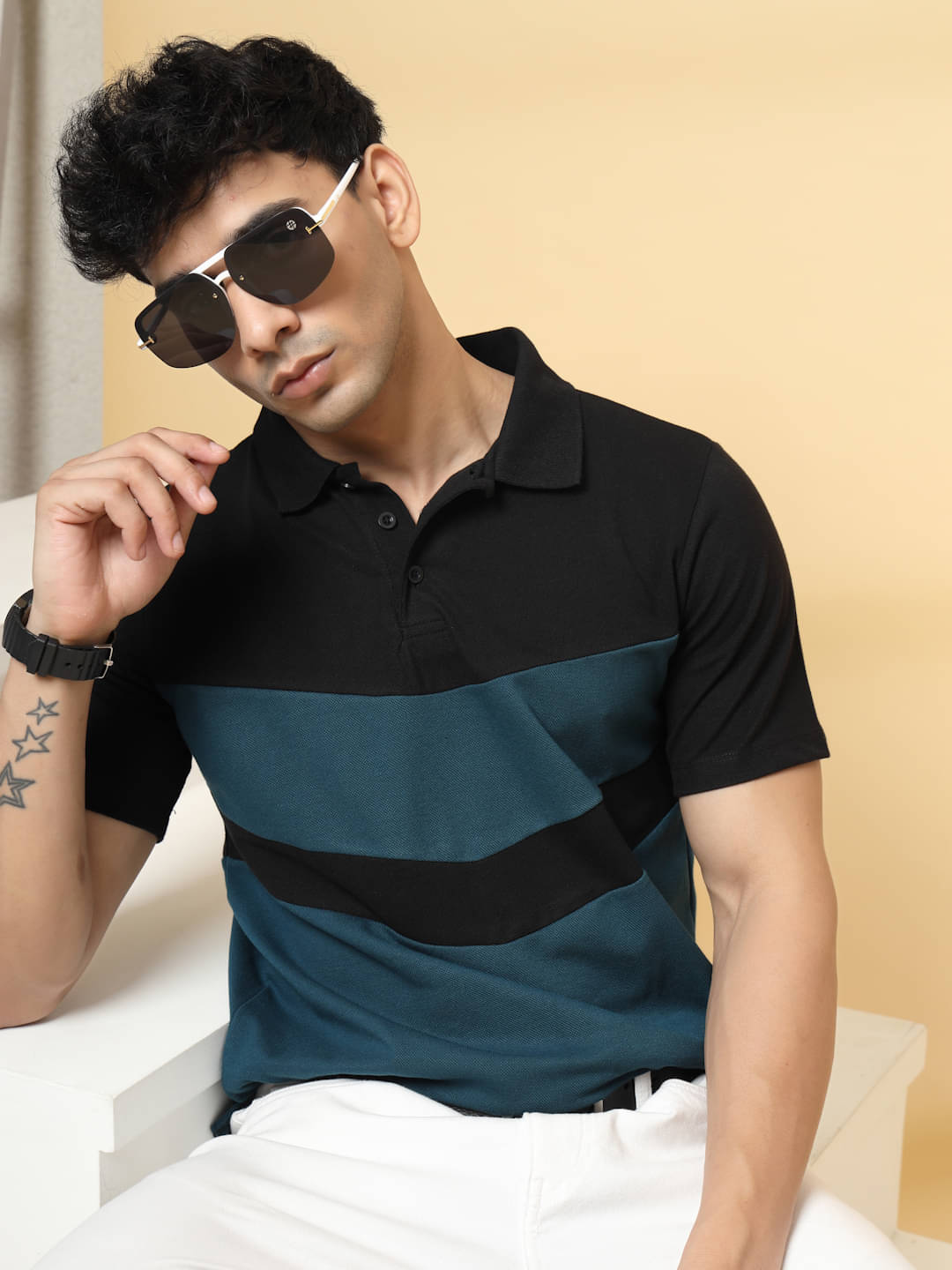     			Rigo Men Cotton Blend Regular Fit Colorblock Polo T-Shirt ( Blue )