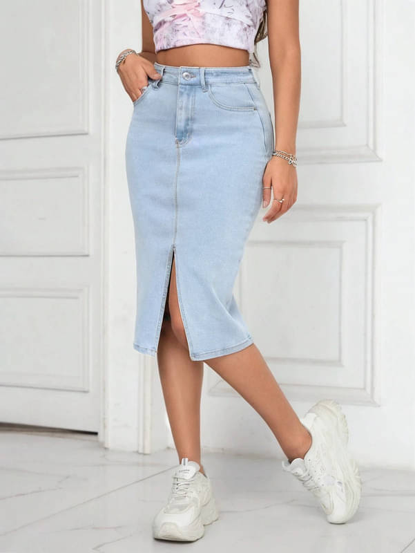     			Stylefabs Light Blue Denim Women's Straight Skirt ( Pack of 1 )