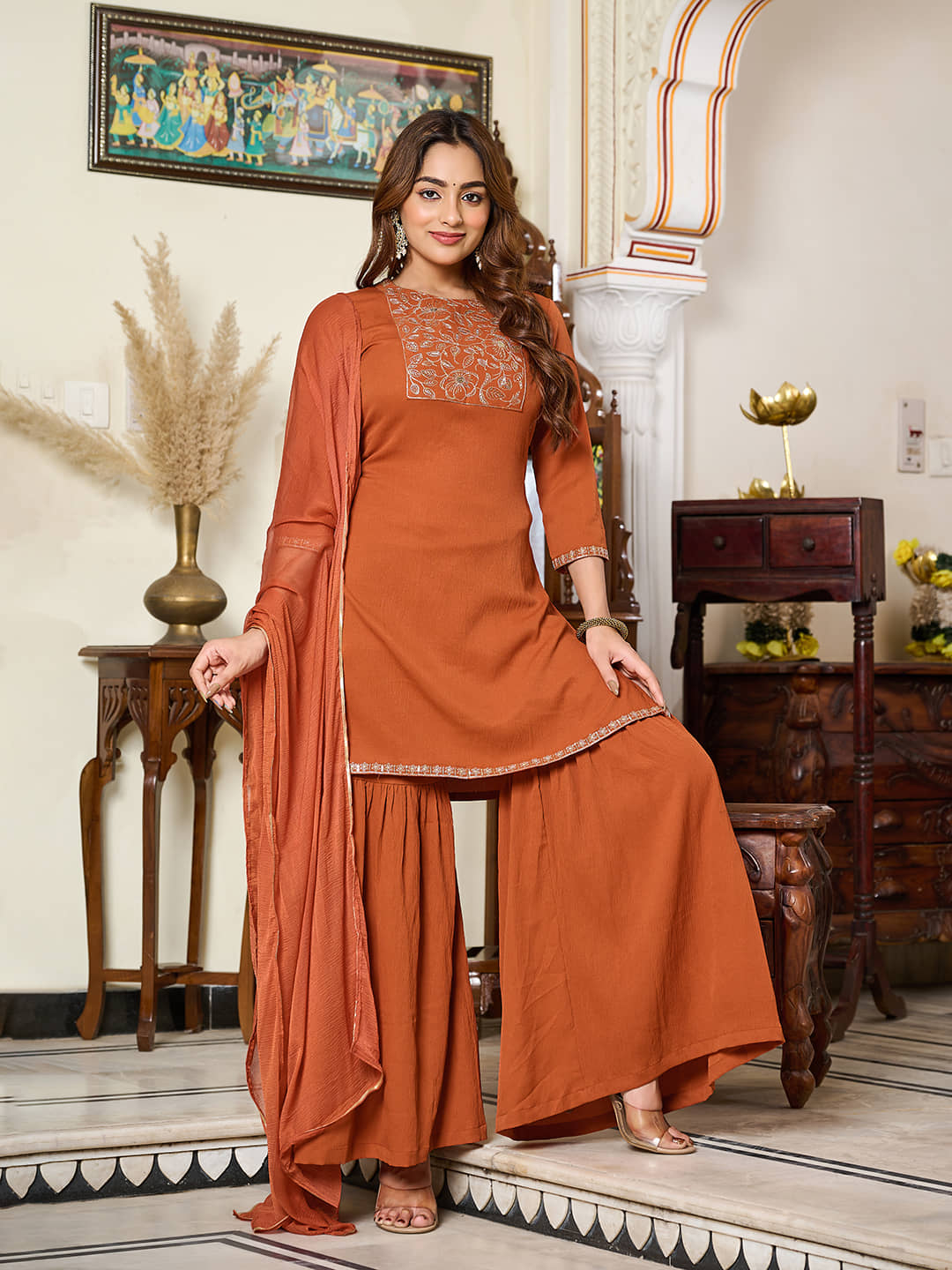 VIBE VISION Women Silk Self Design Straight Kurti With Pants ( Rust )