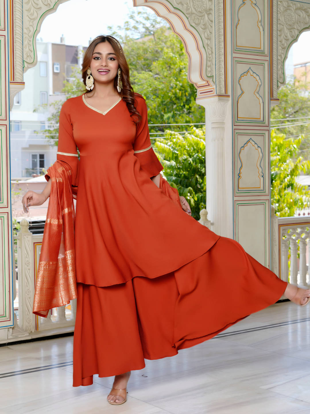 VIBE VISION Women Silk Self Design Straight Kurti With Pants ( Rust ) VIBE VISION Women Silk Self Design Straight Kurti With Pants ( Rust )
