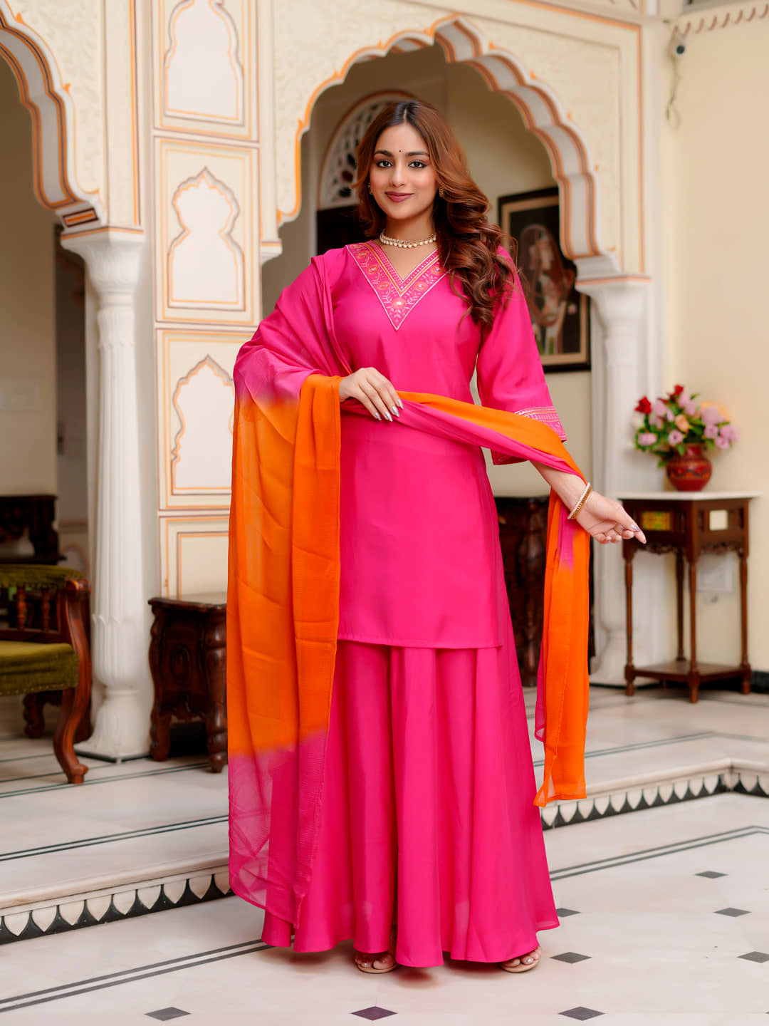 VIBE VISION Women Viscose Self Design Straight Kurti With Pants ( Pink )
