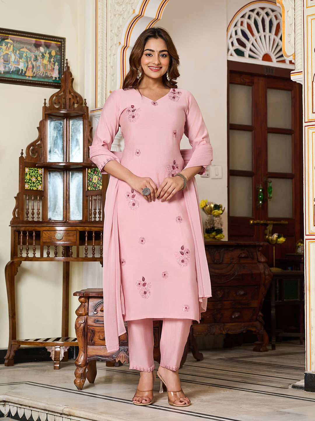    			VIBE VISION Women Viscose Self Design Straight Kurti With Pants ( Pink )