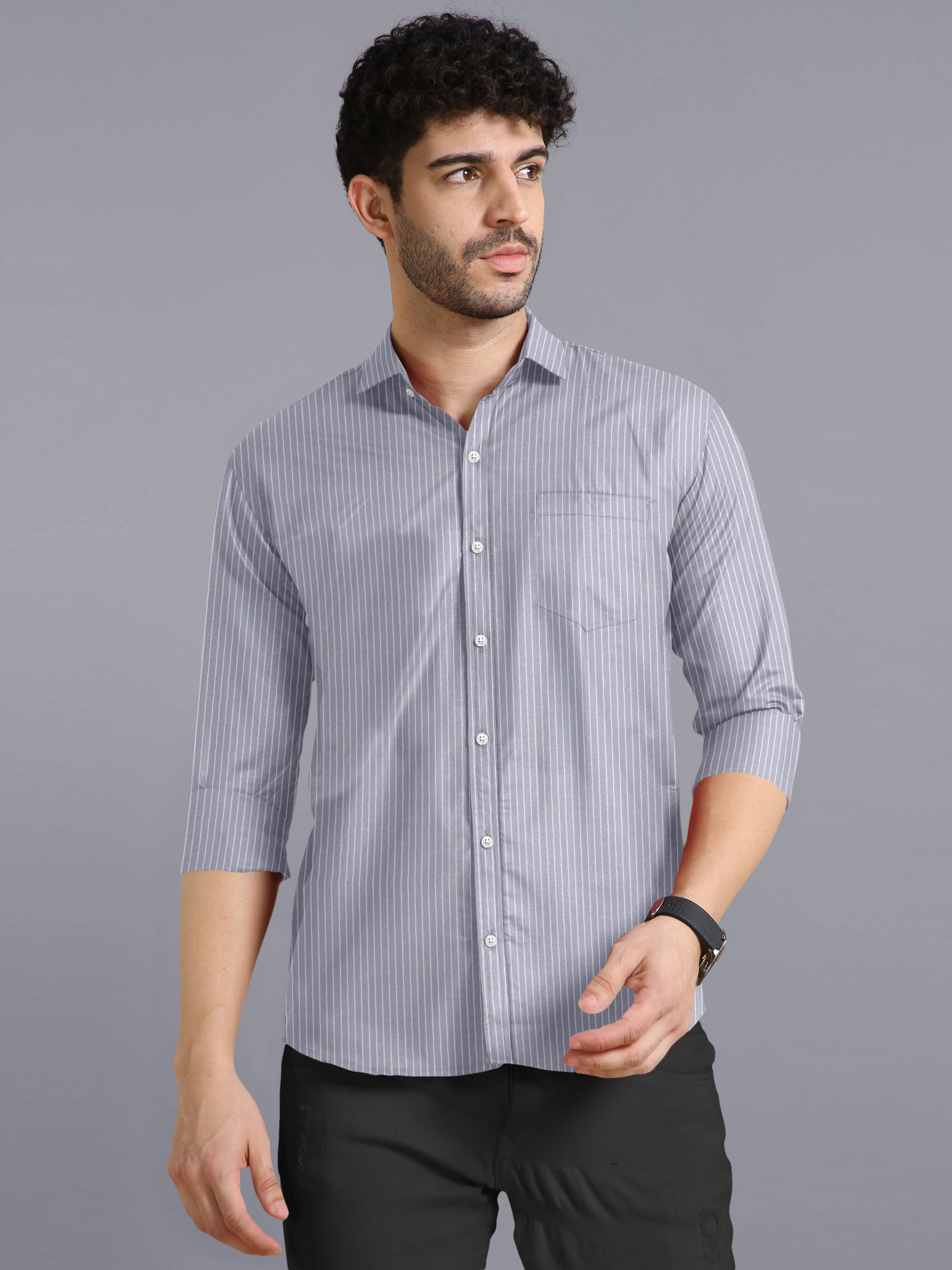 VTEXX Cotton Blend Regular Fit Striped Full Sleeves Men's Casual Shirt - Grey ( Pack of 1 ) VTEXX Cotton Blend Regular Fit Striped Full Sleeves Men's Casual Shirt - Grey ( Pack of 1 )