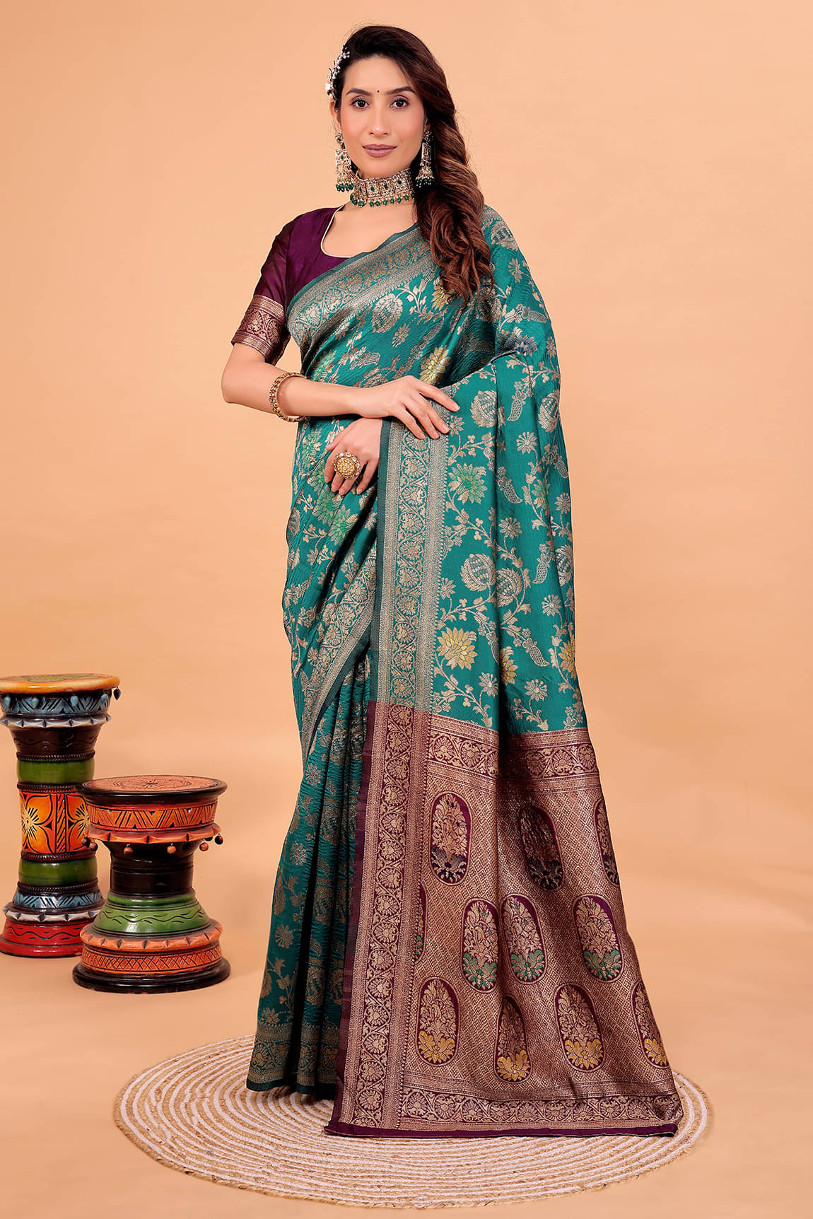 Vkaran Art Silk Solid Saree With Unstitched Blouse Piece ( Rama ) Vkaran Art Silk Solid Saree With Unstitched Blouse Piece ( Rama )