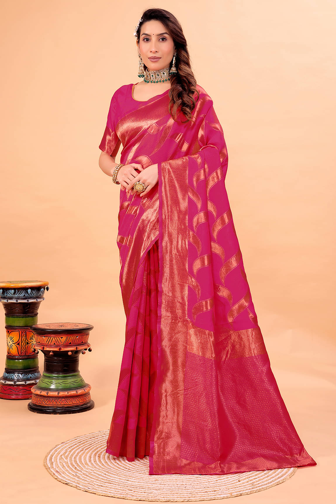     			Vkaran Art Silk Woven Saree With Unstitched Blouse Piece ( Pink )