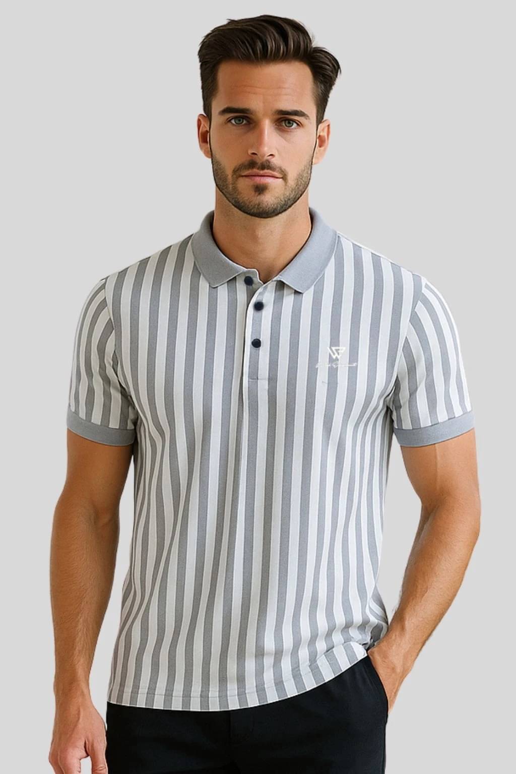    			WILD ELEPHANT Men Polyester Regular Fit Striped Polo T Shirt ( Grey )