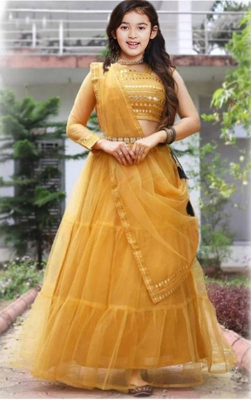     			piludi Net Lehenga Choli Set For Girls ( Pack of 1 , Yellow )