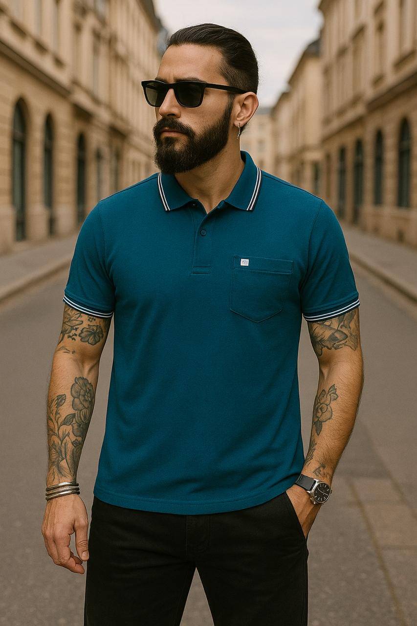     			AUSTIN WOOD Men Cotton Blend Regular Fit Solid Polo T Shirt ( Blue )