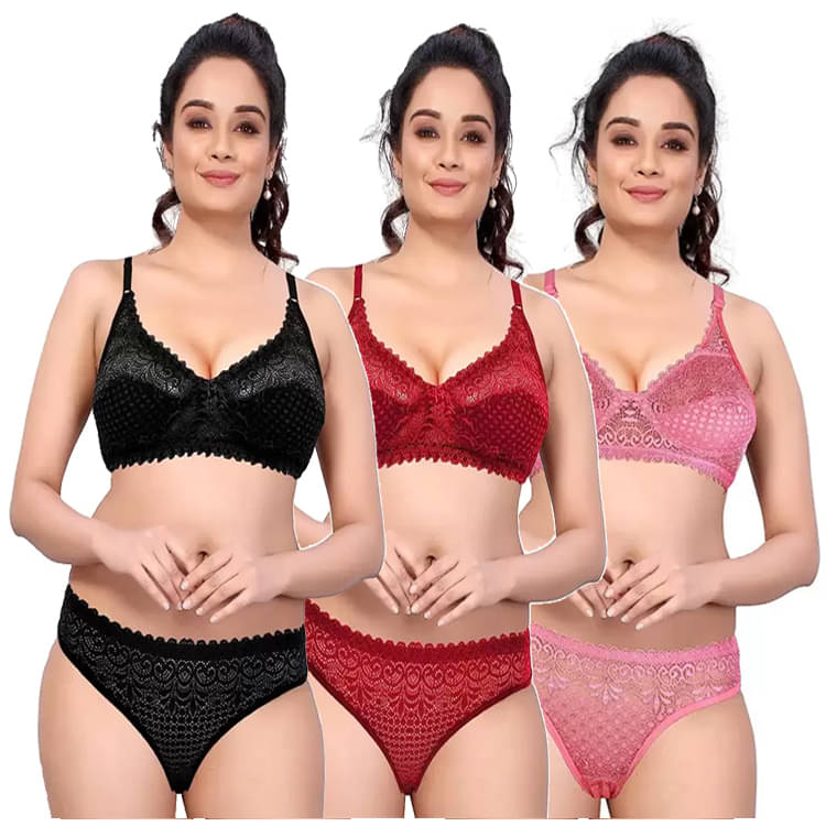BODY LABLE Pack of 3 Lace Bra & Panty Set For Women ( Multicolor )     			BODY LABLE Pack of 3 Lace Bra & Panty Set For Women ( Multicolor )