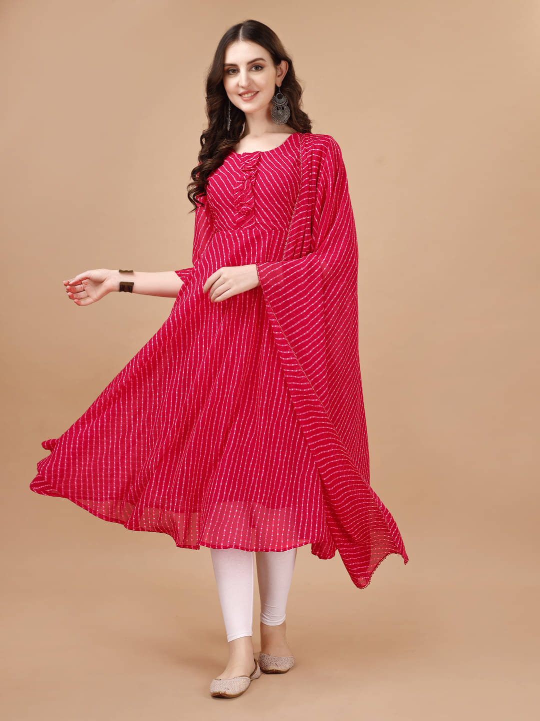     			Crissy Women Georgette Woven Design Anarkali Kurti with Dupatta ( Pink )