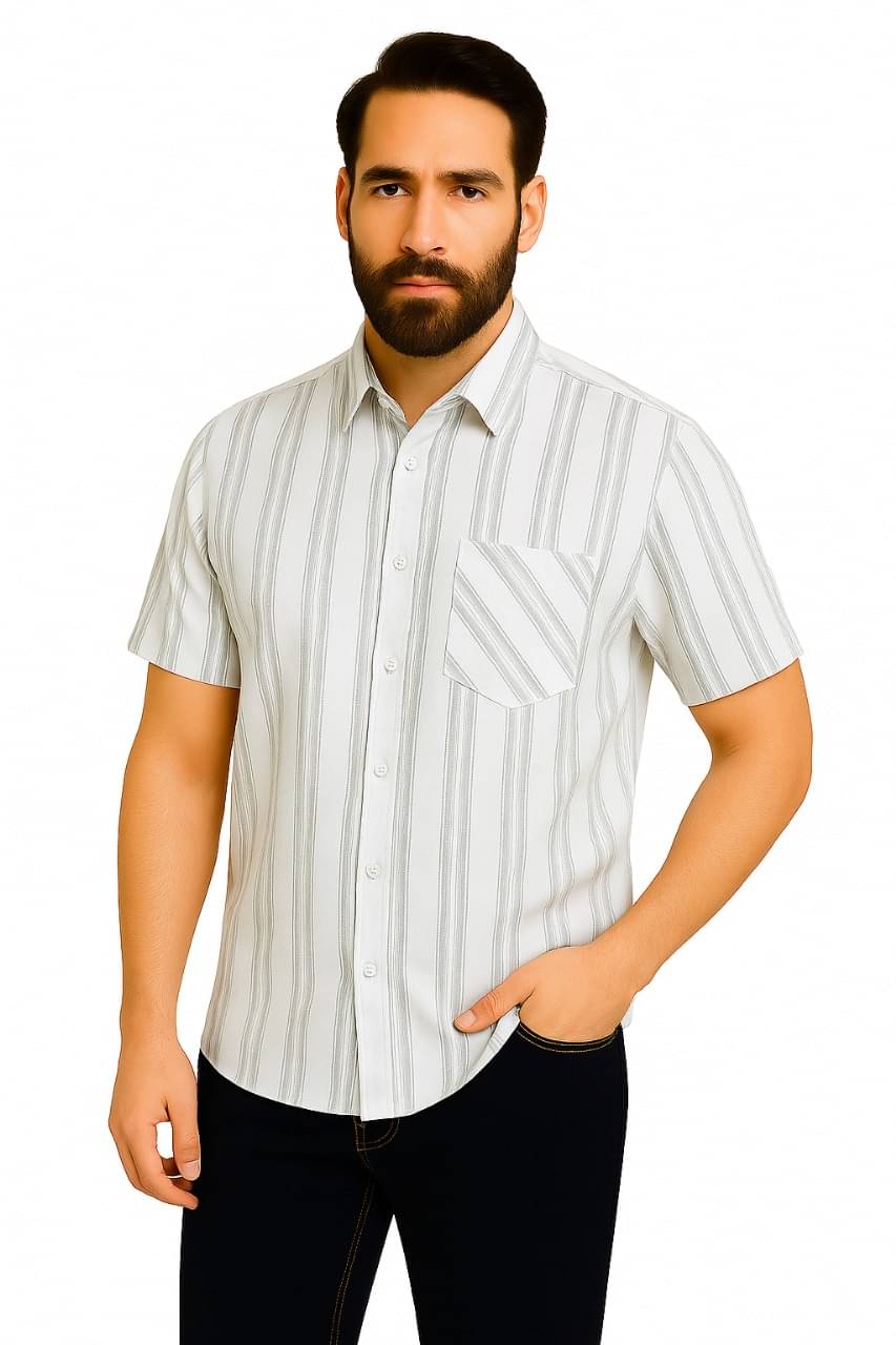 FABRIZER 100% Cotton Regular Fit Striped Half Sleeves Men's Casual Shirt - White ( Pack of 1 ) FABRIZER 100% Cotton Regular Fit Striped Half Sleeves Men's Casual Shirt - White ( Pack of 1 )
