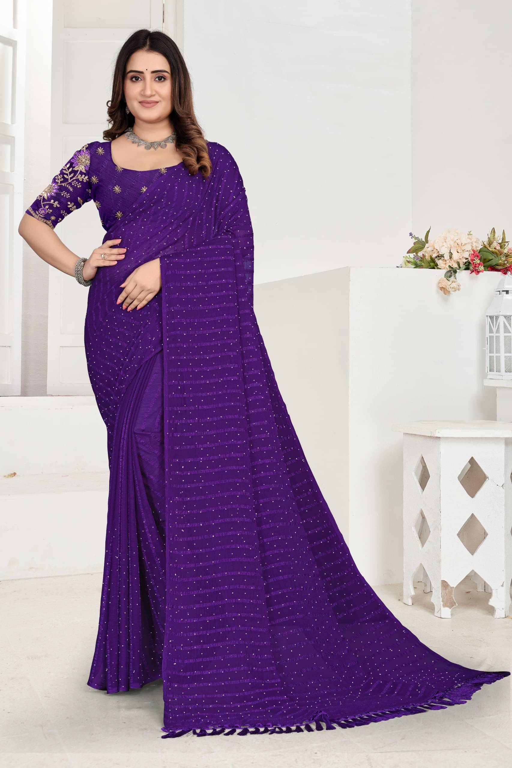     			JASHALFAB Chiffon Embellished Saree With Unstitched Blouse Piece ( Indigo )