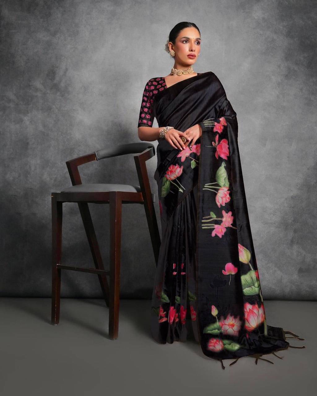 JINAL & JINAL Silk Blend Printed Mysore Silk Sarees With Unstitched Blouse Piece ( Black ) JINAL & JINAL Silk Blend Printed Mysore Silk Sarees With Unstitched Blouse Piece ( Black )