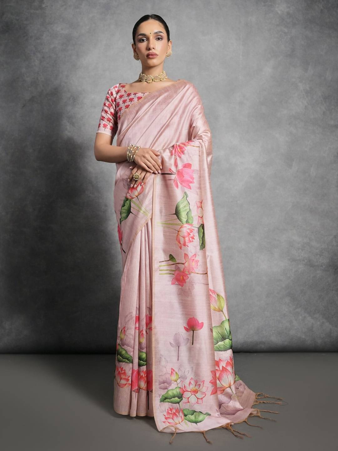     			JINAL & JINAL Silk Blend Printed Mysore Silk Sarees With Unstitched Blouse Piece ( Pink )